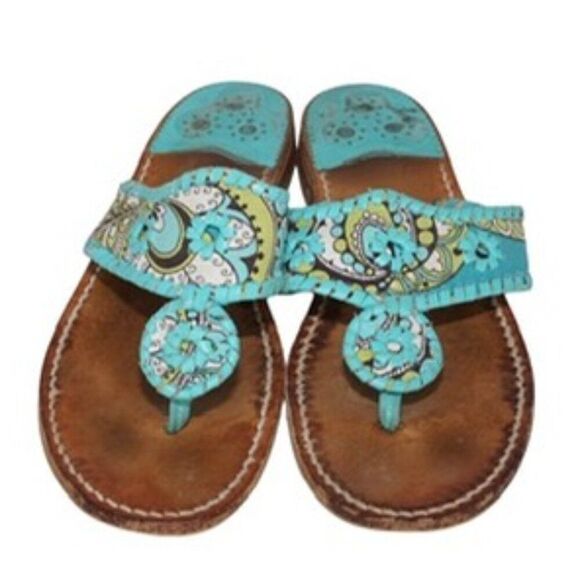 Jack Rogers Navajo Blue& Green Paisley Classic Thong Sandals, Size 9 - Picture 1 of 9